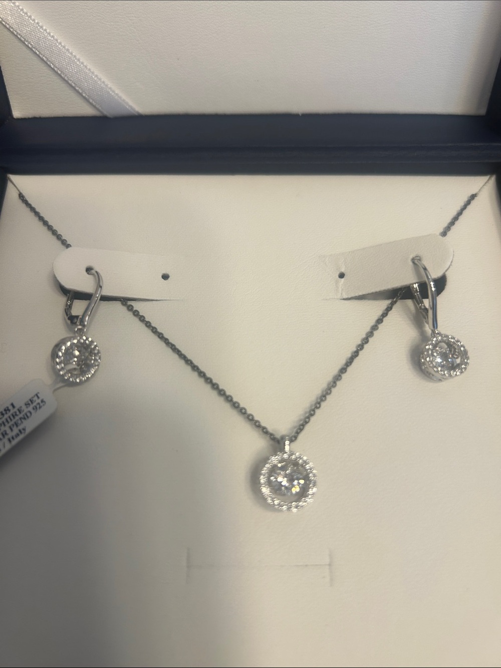 Sterling Silver White Halo Pendant Necklace and Earrings Set